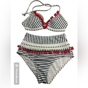 Cocoship Two Piece High Waisted SwimSuit Bikini Pom Poms Mesh Red/White/Blue 6